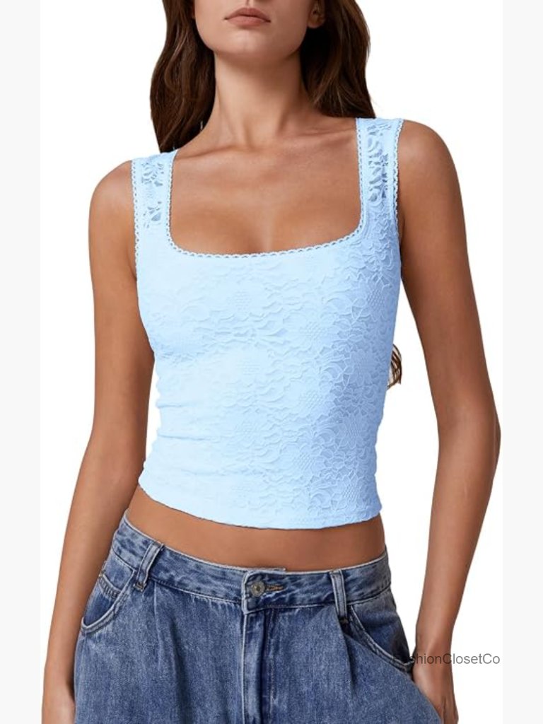 Lace Trim Square Neck Sleeveless Double-Layer Tank Top Slim Fit Y2k